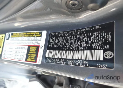 2012 Toyota Camry Se из США, поврежденный, VIN 4T1BF1FK7CU150461